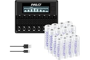 PALOGREEN Ładowarka do akumulatorów AA AAA - 8 akumulatorów AA 3000 mAh i 8 akumulatorów AAA 1100 mAh 1,2 V NiMH z 8-komorową inteligentną ładowarką LCD z funkcją rozładowywania
