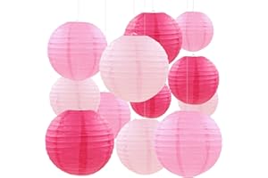 CC wonderland zone 12pcs Pink Hanging Paper Lanterns,Round Paper Lanterns for Birthday,Baby Shower,Wedding,Party,Home Ceiling Decoration（4" 6" 8" 10" ）