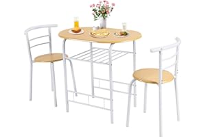 GiantexUK 3-Piece Dining Table Set, Metal Frame Kitchen Table Set with Storage Shelf, 2 Chairs, Compact Breakfast Bar Table Set for Home Kitchen Living Room Apartment Office (Natural + White)
