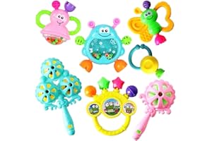 Tixiyu Grzechotki dla niemowląt, 7 szt., zabawki dla niemowląt, 0-6 miesięcy, silikonowy gryzak, shaker, chwytak, edukacyjny, muzyczny zestaw upominkowy dla niemowląt w wieku 0, 3, 6, 9, 12 miesięcy