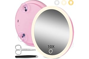 HMGGOOFA 10X Magnifying Mirror with Light, Magnifying Mirror with Suction Cups, 10X Makeup Magnifying Mirror with 3 Color Modes & Adjustable Brightness, 6inch Travel Magnification Mirror with Tweezers,Scissors