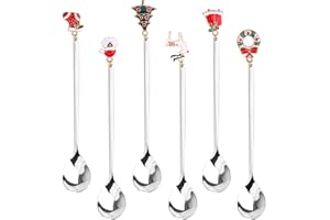 GLAITC Cuillères à Café de Noël,6 Cuillères à thé à Dessert en Acier en Argent Avec Pendentifs Cloches de Chapeau D'élan D'arbre de Noël,Emballage de Boîte-Cadeau (Silver)
