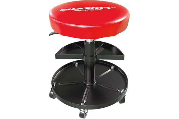 HASKYY verkstadsstol med justerbar höjd, verkstadspall, verkstadssits, arbetspall med 5 hjul, ø ca 40 cm, 2 hyllor, 430–580 mm