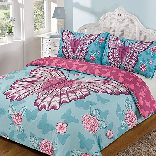 Dreamscene Pink Butterfly Children Duvet Quilt Cover Pillow Case Bedding Set, Blue, Double