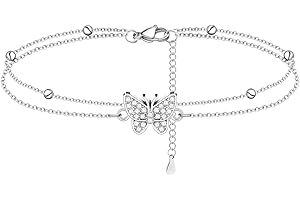 YELUWA 2 in 1 Cavigliera Cuore/Farfalla Argento Signore Cavigliera Doppia Con Palla e Zirconi Estate a Piedi Nudi Spiaggia Cavigliera, Regalo per Amico Sorella Madre Ragazza Signora Regolabile