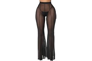 SAMHENG Pantaloni a rete trasparenti da donna, pantaloni gamba larga a vita alta, pantaloni da spiaggia velati copricostume da bagno, pantaloni svasati trasparenti con volant sexy per costume spettacolo rave