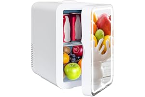 YU YUSING Mini frigorifero con specchio a LED, 8 litri, frigorifero cosmetico con luce a LED, specchio per trucco, 12 V/220 V, retro piccolo, funzione di raffreddamento/riscaldamento per auto,