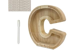 Meloditrunk Letras C Hucha para Niños, Huchas de Transparente Personalizada Madera con Letras de A-Z, Hucha Monedas Creativa para Regalo de Cumpleaños/Decoración del Hogar/Recuerdo