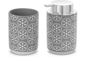 Inbagno Set Accessori Bagno Grigio, Dispenser Sapone 350 ml e portaspazzolino Multiuso in Ceramica, Serie Circus