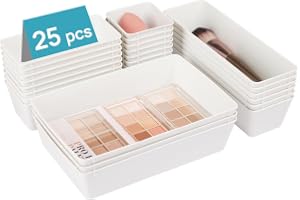 Vtopmart 25-pack plastlådor organisatörer vit | Mångsidig sminkförvaring i 4 storlekar, förvaringsbehållare små fack för smin