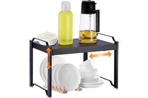 STARVORTEX Kitchen Counter Shelf Organiser, Expandable Cupboard Shelf 32-53cm, Heavy Duty Kitchen Shelves Counter Top Storage, Black Adjustable Shelving with 3 Height Settings for Desktop Cupboard Organiser