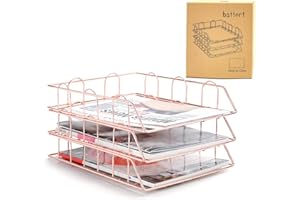 BAFFECT Bandeja de Cartas de presentación de 3 Niveles A4,Bandeja de Cartas apilables Escritorio de Oficina Archivo ordenado Documento Carta Organizador de Papel Bandeja de presentación de Metal A4(Oro Rosa)