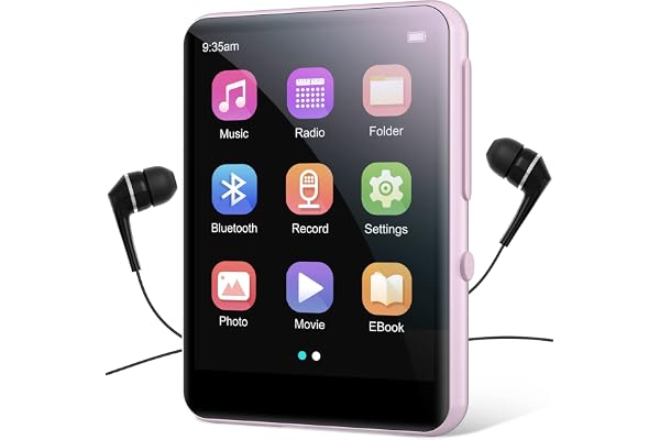 64Go Lecteur MP3 Bluetooth 5.0 avec 2.4" Tactile Baladeur Lecteur Musical Son HiFi avec Bouton de Volume/Enregistrement Vocal/Radio FM/E-Book, Haut-Parleur HD Intégré, Carte TF Jusqu’à 128G