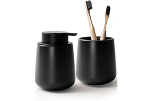 Bosilunlife Soap and Toothbrush Holder Set - Ceramic Bathroom Accessories Set Black Liquid Hand Soap Dispenser Set for Bathroom Toothbrush Holder and Soap Dispenser Set