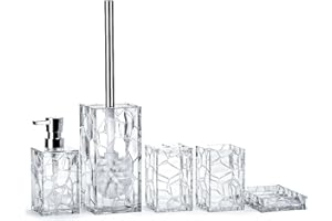 AKSIPO Clear Acrylic Bathroom Accessory Set, 5 Pcs Bathroom Accessories Set with Lotion Dispenser,Soap Dish,Tumbler,Toothbrush Holder,Toilet Brush Set, Elegant Bathroom Decor and Housewarming Gift Set