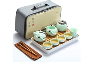 fanquare Przenośny podróżny zestaw do herbaty, ręcznie wykonany zestaw do herbaty kungfu, porcelanowy czajniczek, filiżanki do herbaty, bambusowa taca do herbaty z przenośną torbą podróżną, zielony