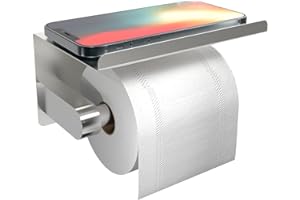 SUSSWIFF Self Adhesive Toilet Paper Holder with Phone Shelf, Screw-in Wall Mounted Toilet Paper Roll Holder, Rustproof Bathroom Washroom Tissue Roll Holder with Shelf, Toilet Paper Roll Dispenser- Silver