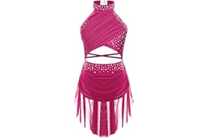 FEESHOW Girls Shiny Ballet Dress for Lyrical Jazz Latin Dance Costume Backless Gymnastics Leotard with Flowy Skirt Dancewear