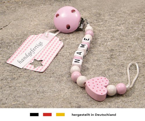 kleinerStorch Baby Schnullerkette mit Wunschnamen – Mädchen Motiv Herz rosa - 2