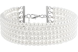 LUXSTELLAR Damski naszyjnik z perłami, 5 rzędów, okrągły dekolt, elegancka biżuteria dla kobiet, akcesoria ślubne lub wieczorowe, na specjalne okazje, imprezy i styl codzienny, 18,6 x 4,7