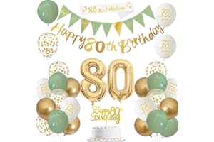 YONTREE Sage Green Gold White 80th Birthday Banners, Balloons, Cake Topper, Sash, Bunting, Flags, Number Helium Balloons for Men & Women's 80th Party Decor