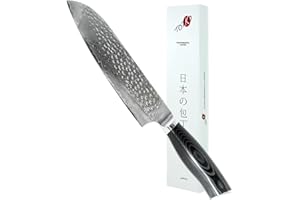 Totiko Couteau professionnel en acier Damas, couteau de cuisine professionnel japonais de viande, poisson, légumes, lame 19 cm, santoku damassé, manche en résine Micarta - Yukimura Japan Knives