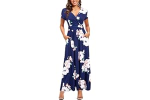 OUGES Women's Summer Spring Maxi Dress V Neck Short/Long Sleeve Ladies Casual Long Wrap Dress with Pockets