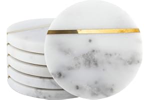 Homtone Podstawki pod napoje z prawdziwego marmuru, zestaw 6 sztuk, ręcznie wykonane podstawki z białego marmuru ze złotą mosiężną wkładką, okrągłe marmurowe podstawki z korkową podstawą do napojów,
