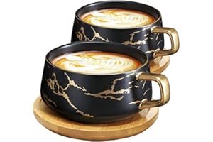 VETIN 2 Stücke Cappuccino Tassen mit Unterteller, Tasse Marmor, 300 ml Espressotassen aus Porzellan für Tee Kaffee Cappuccino, Kaffee-Tassen mit Holzscheibe (Schwarz*2)