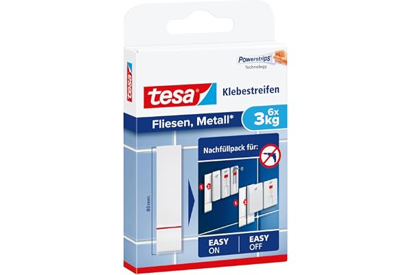 tesa Languettes Adhésives pour Carrelage & Métal 3kg - Languettes Adhésives pour Surfaces Pleines et Lisses - Peut tenir jusqu'à 3 kg par Bande - Paquet de 6 Pièces
