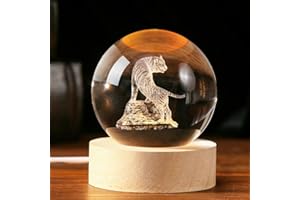 IFOLAINA 3D Tiger Crystal Ball Tiger Figurines in Crystal Ball 60mm Decor White Tiger Collectibles Snow Globes Gift Glass Sphere Home Decor with Wooden Light Base