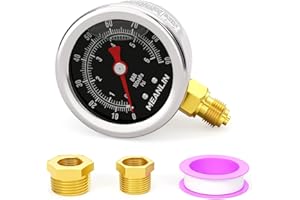MEANLIN MEASURE 0~6Bar/0~90Psi Manómetro de acero inoxidable 1/8" BSP 1.5" FACE DIAL, relleno de glicerina, relleno de líquido, montaje inferior (negro) con casquillo hexagonal 1/4" BSP y 3/8" BSP