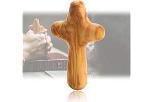 OMCGG Cruz de sujeción de madera de olivo, diseño ergonómico de grano natural para comodidad, cruz cristiana católica, regalo para meditación y oración