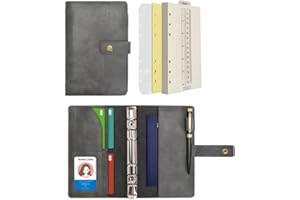 Wonderpool Diario in pelle Ricaricabile Quaderno a spirale Quaderno - Carta a pois e tasche interne in vera pelle per il lavoro di viaggio e l'agenda personale (Grigio, A6)