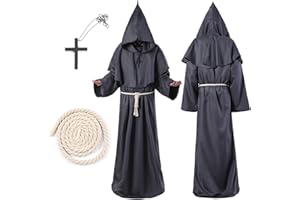 LXYYDS Deguisement Moine, Costume Robe de Prêtre Halloween, Déguisement de Prêtre Robe de prêtre médiévale avec Capuche Ceinture et Collier de Croix, Halloween Costumes de Carnaval et de Jeu de Rôle