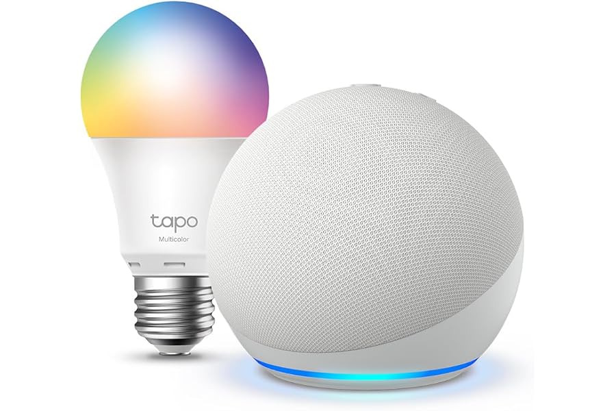 Echo Dot (5.ª generación) | Blanco + Tapo L530EA Bombilla LED Inteligente (E27), Compatible con Alexa - Kit de inicio de Hoga
