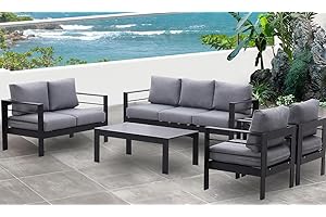 GLP Gartenmöbel Set Aluminium 6-7 Personen, Terassenmöbel Wetterfest mit Sofa, Tisch, Hocker & Kissen, Gartenlounge Set für Innen- und Außenbereich (Schwarz & Dunkelgrau)