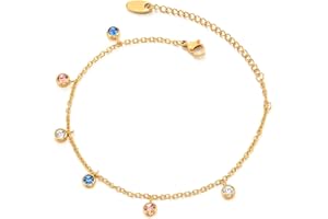 COOLSTEELANDBEYOND Acero Inoxidable Color Oro Tobillera para Mujer con Colgantes Círculo Charms Colores Solitaire Circonio Cúbico