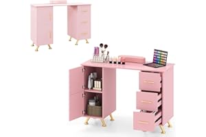HOMASIS Tavolo per Manicure in Legno, Scrivania per Unghie con 3 Cassetti, 2 Armadietti, Poggiapolsi Rimovibile, Tavolo da Nail Art con Piedini Metallici per Salone di Bellezza, Trucco (Rosa)
