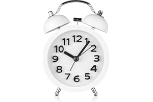 PILIFE klassischer Retro-Doppelglockenwecker mit Nachtlicht, 3 Zoll, Reisewecker, batteriebetrieben, runder Doppelglockenwecker mit super lautem Alarm, kein Ticken, geräuschlos (weiß)