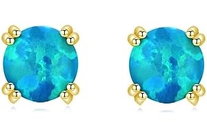 Bellitia Jewelry Gold/White Gold Plated Sterling Silver Opal Stud Earrings 5mm, Brazil Blue Opal Studs Earrings Hypoallergenic Jewelry for Women Girls Ladies