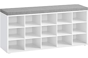 ‎VASAGLE VASAGLE Schuhbank, Schuhregal mit Sitzfläche, Sitzbank mit Stauraum, Kissen, 15 Fächer, für Wohnzimmer, Flur, 30 x 105 x 48 cm, wolkenweiß-Taubengrau LHS15WT