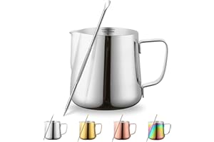Kyraton Pichet à lait 12 oz 350 ml, Pichets à Vapeur En Acier Inoxydable Avec Stylo De Décoration, Pichet à Mousseur Cappuccino Latte Art Barista Tasse (Argent)