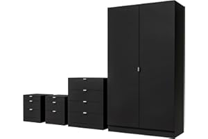 Nera 4 Piece Bedroom Furniture Set Wardrobe Chest of Drawers Bedside Table Set Bedroom Furniture Sets for Storage (Black)