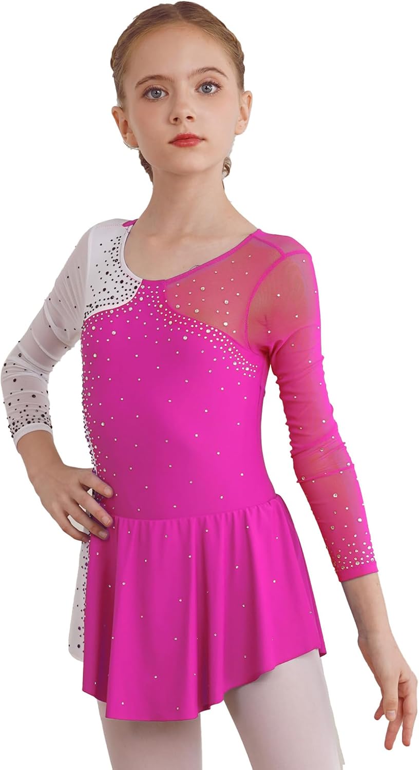 Freebily Vestido de Danza para Niña Maillot de Manga Larga con Brillante Leotardo Gimnasia Rítmica Maillot de Patinaje Competición Traje de Baile