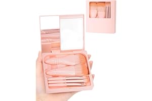 PGRODE Travel Size Makeup Brushes Mini Set with Hard Case and Built-in Mirror, 5Pcs Small Cosmetic Brushes, On the Go Brush Travel Essentials kits for Women, Girls Gift (Light Pink)