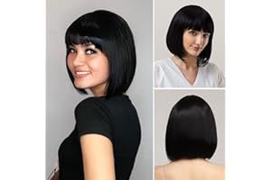 LETCDFER Bob Perücke Mit Bangs Schwarz Perücke Bob Short Perücken für Frauen Natürlich Wärmebeständige Synthetische Perücken Natürliche Kurze Glatte Perücken Flache Pony Perücken für Halloween Weihnachten