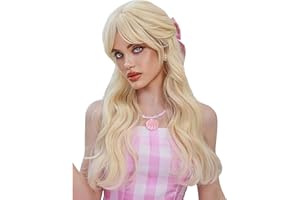 PORSMEER Long blonde Wavy Barbi Wig for Women Ladies Full Hair Long Replacement Fancy Dress Wigs with Fringe for Cosplay Party 28 inches Synthetic Wig
