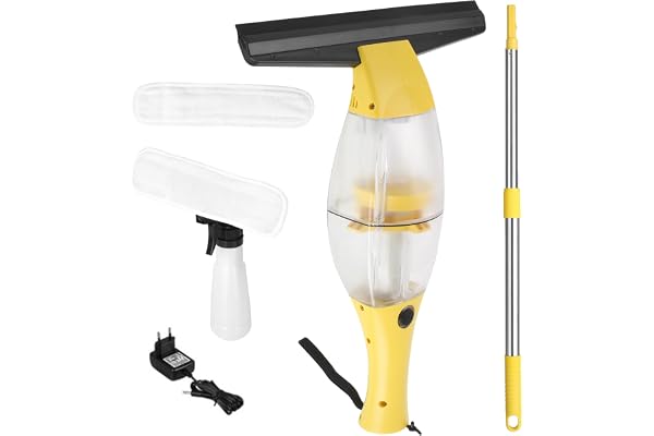 Nettoyeur de vitres électrique sans fil avec manche télescopique, autonomie batterie:40 min,buse d'aspiration 28 cm,vaporisateur avec housse en microfibre pour nettoyage à 360° sans traces à (Jaune)