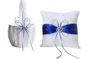 WERTSWF Coussin porteur d'alliances et panier de demoiselle d'honneur – Ruban bleu roi, double cœur en strass et pétales en satin Ensemble de 2